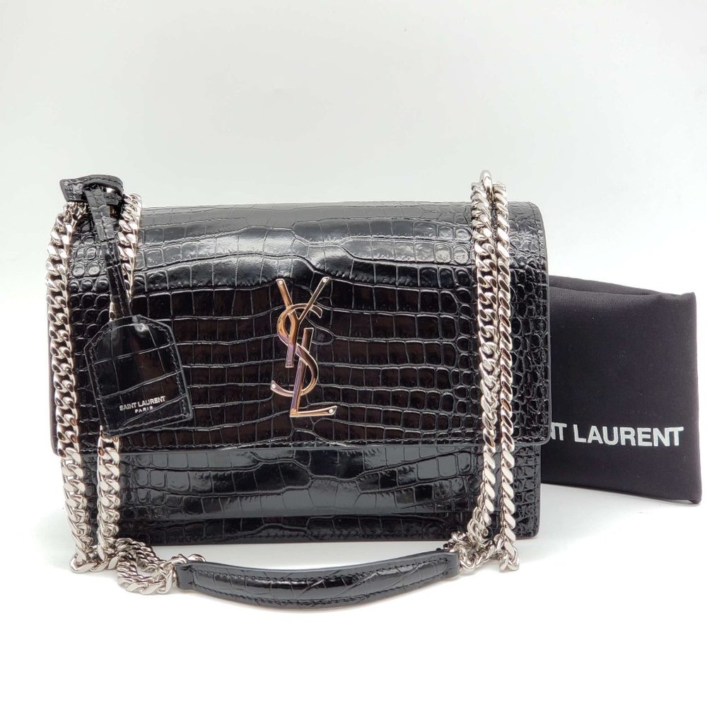 100% Authentic YSL Yves Saint Laurent Sunset Medium Croc Embossed Shoulder Bag